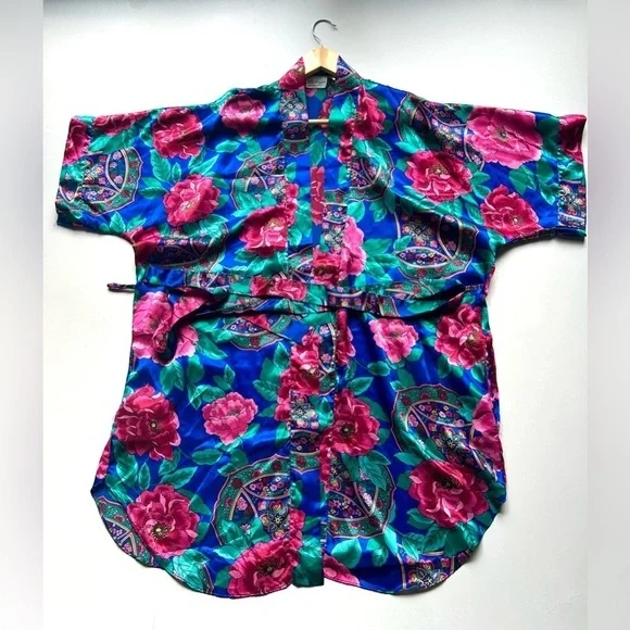 Kathryn Vibrant Vintage 80’Baroque Floral Jewel Tone Satin Lingerie Kimono Robe - Picture 4 of 7